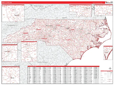 North Carolina ZIP Code wall map in the RedLine Style