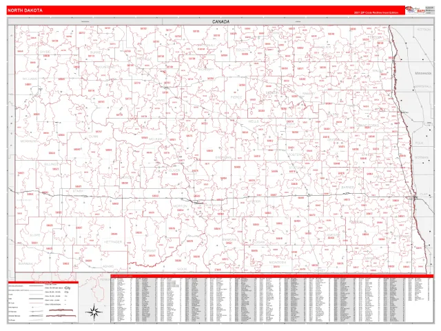 North Dakota State ZIP Code Wall Map, RedLine style