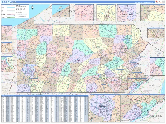 Pennsylvania State ZIP Code Wall Map, ColorCast style