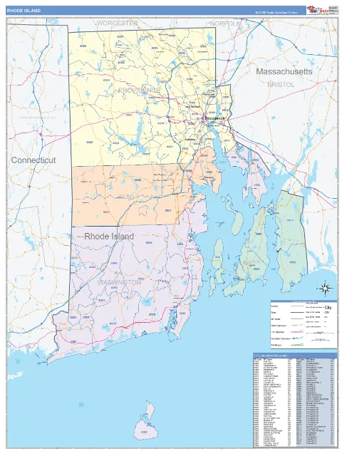 Rhode Island ZIP Code wall map in the ColorCast Style