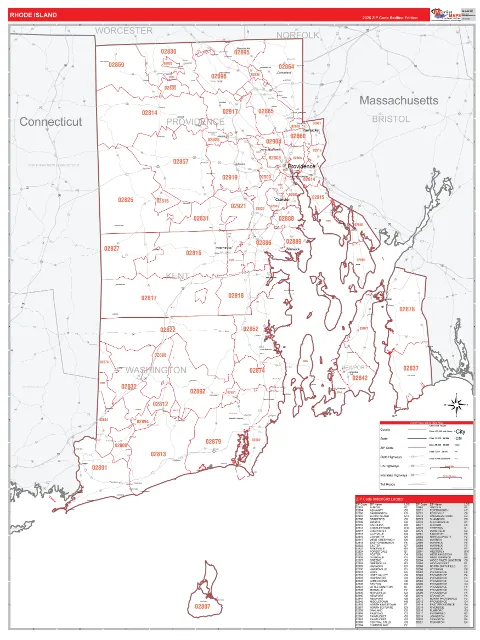 Rhode Island ZIP Code wall map in the RedLine Style