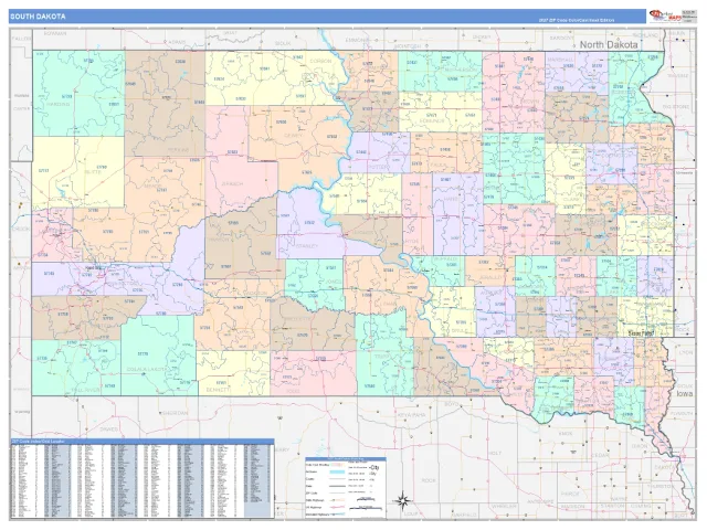South Dakota State ZIP Code Wall Map, ColorCast style