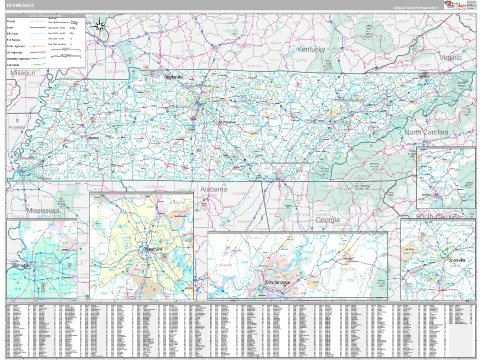 Tennessee ZIP Code wall map in the Classic Style