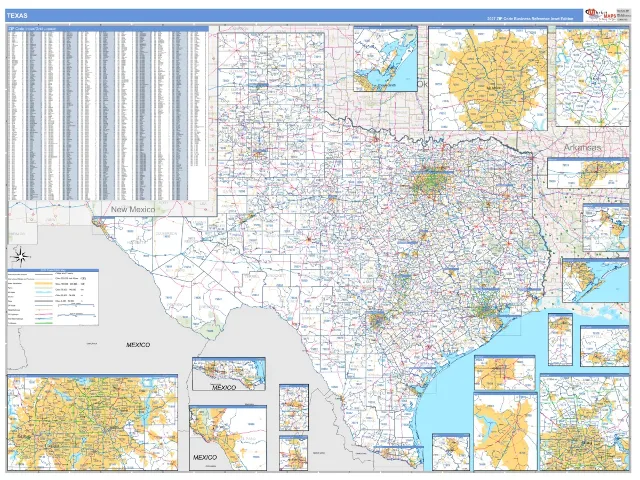 Texas State ZIP Code Wall Map, Business Reference style