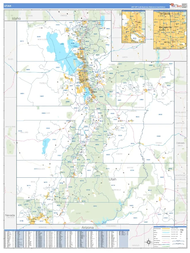 Utah State ZIP Code Wall Map, Business Reference style