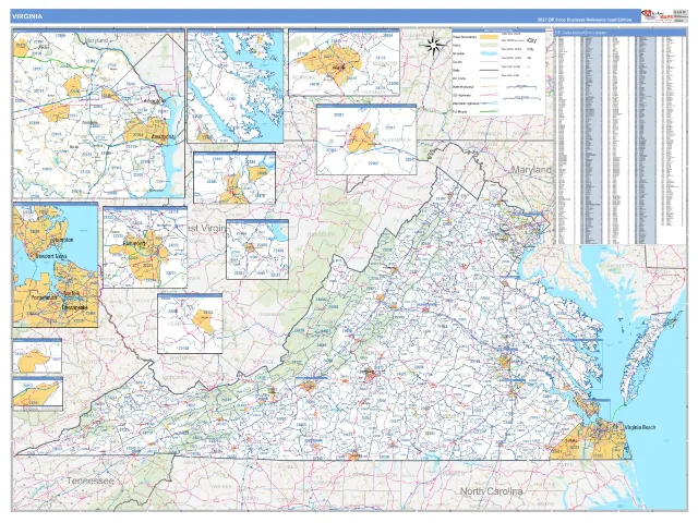 Virginia State ZIP Code Wall Map, Business Reference style