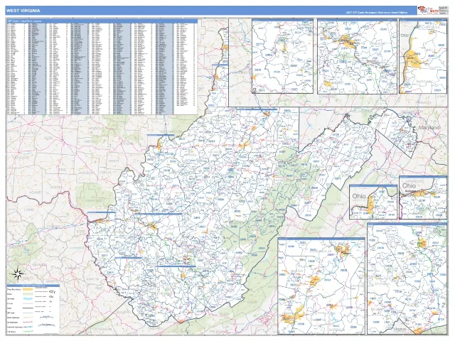 West Virginia State ZIP Code Wall Map, Business Reference style