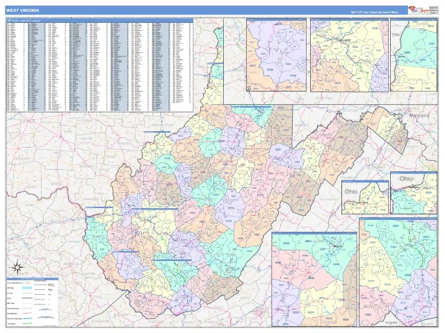 West Virginia State ZIP Code Wall Map, ColorCast style