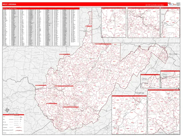 West Virginia State ZIP Code Wall Map, RedLine style