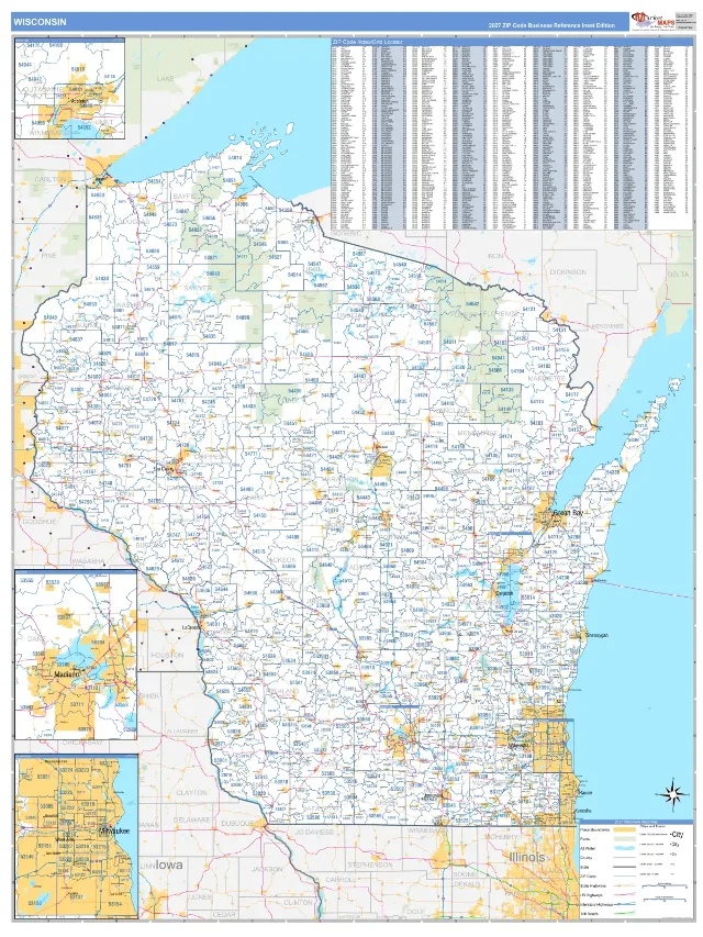 Wisconsin State ZIP Code Wall Map, Business Reference style